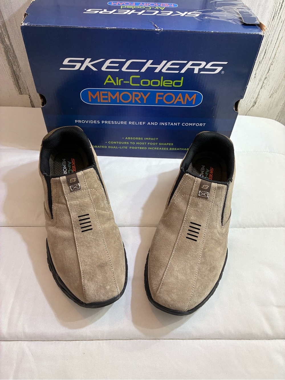 Skechers Men's Slip-On Suede Loafers in Taupe and Black air cooled memory foam